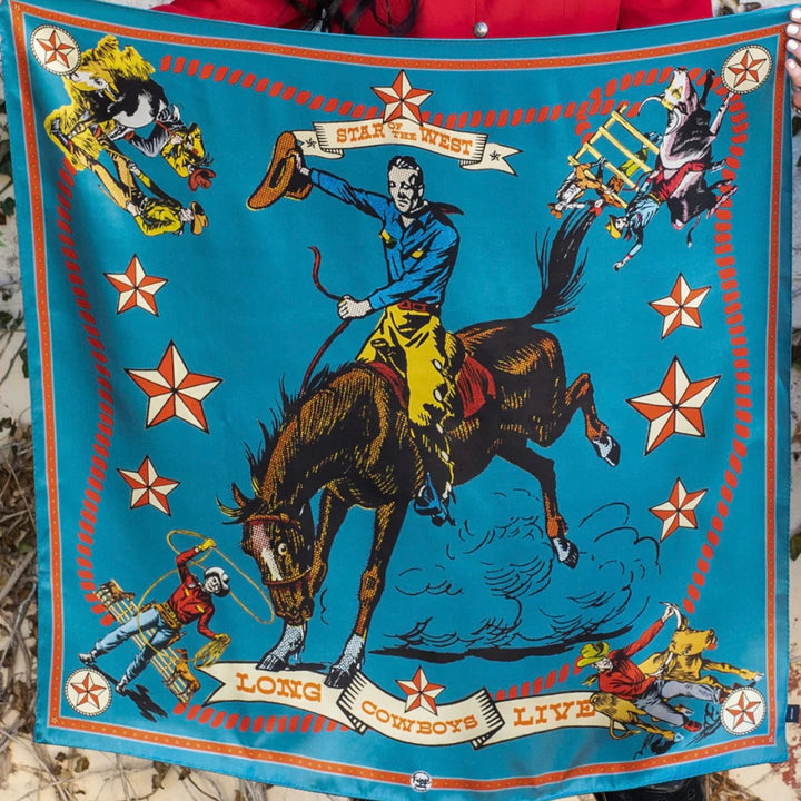 Fringe Star of the West Long Live Cowboys Blue Silk Scarf