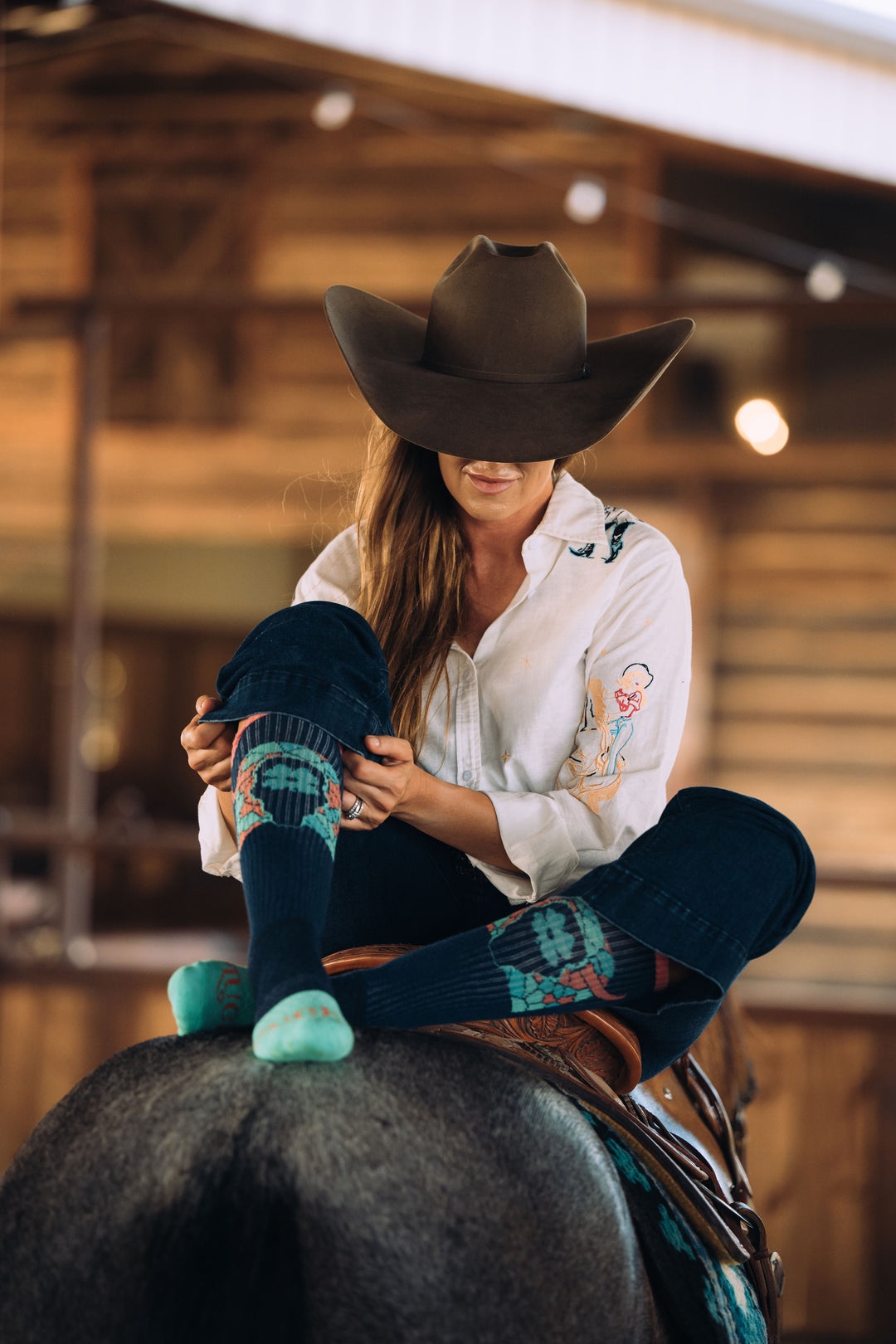 Lucky Clover Steer Head Navy/Pink Performance Socks