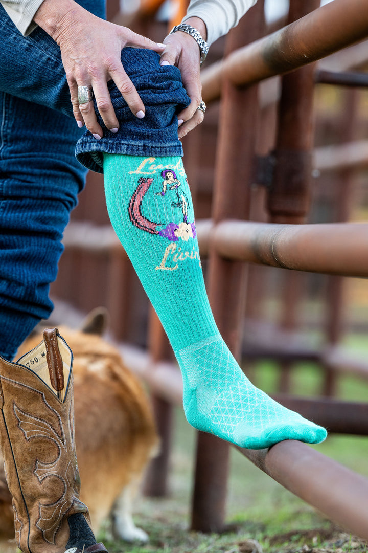 Lucky Living Island Cowgirl Turquiose Performance Socks