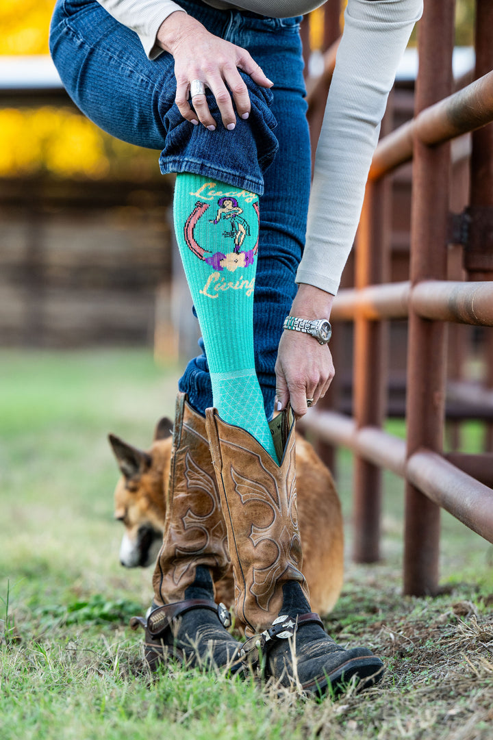 Lucky Living Island Cowgirl Turquiose Performance Socks