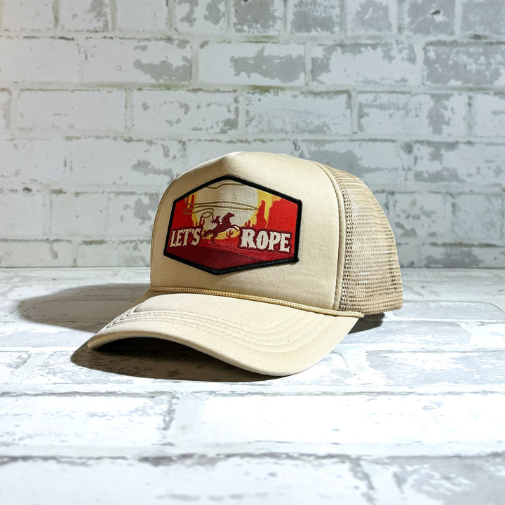 Let's Rope Patch Tan Trucker Hat