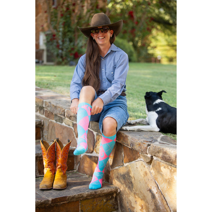 Lucky Argyle Turquoise/ Hot Pink Performance Boot Socks