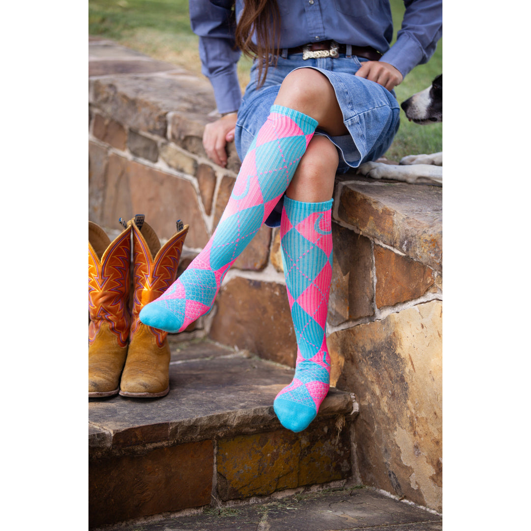 Lucky Argyle Turquoise/ Hot Pink Performance Boot Socks