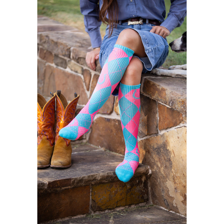 Lucky Argyle Turquoise/ Hot Pink Performance Boot Socks