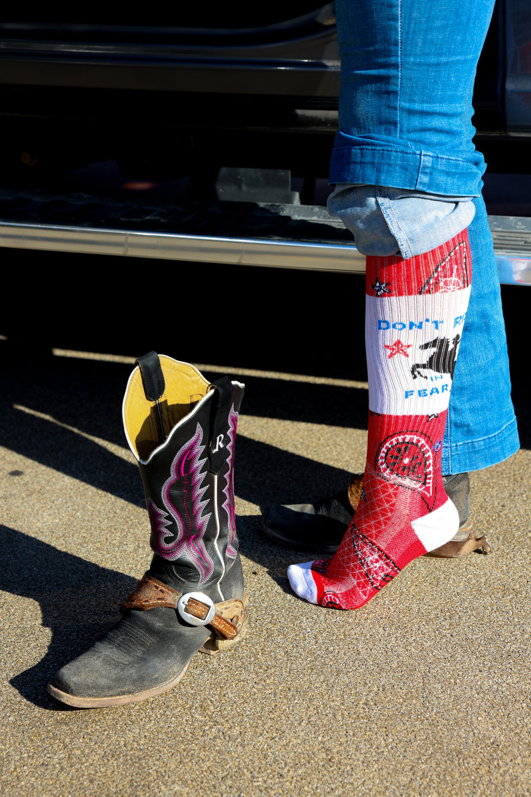 Don't Ride in Fear Red Paisley Western Cowgirl Performance Socks