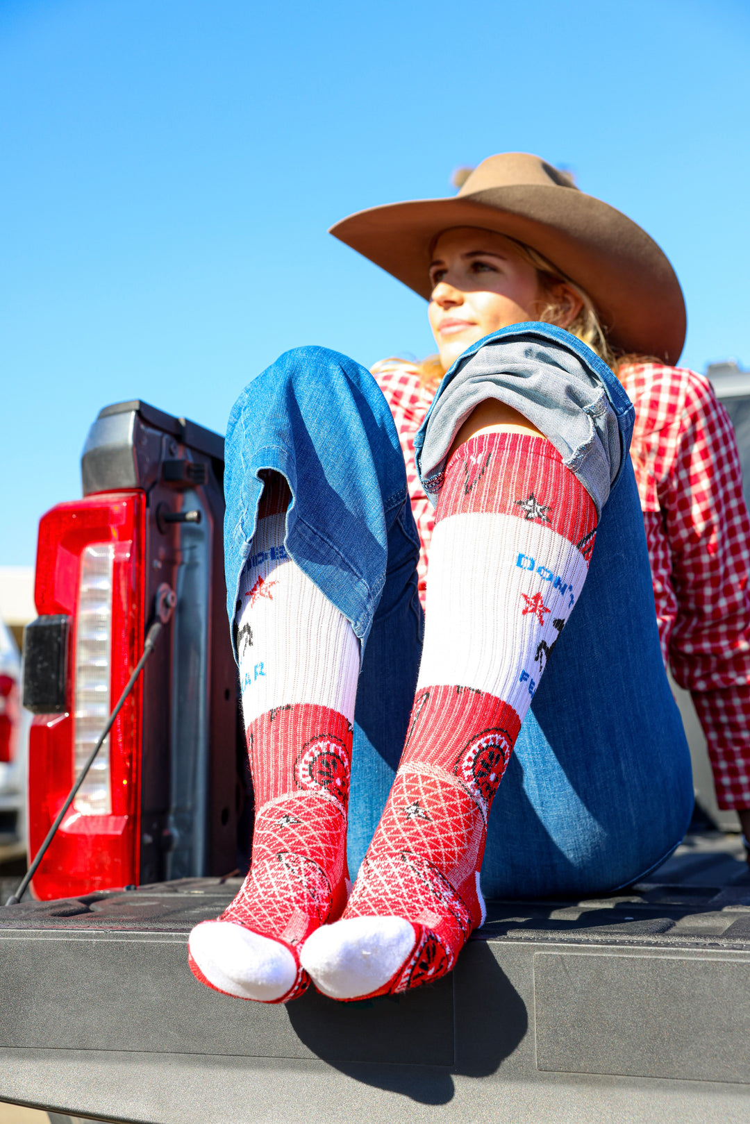 Don't Ride in Fear Red Paisley Western Cowgirl Performance Socks